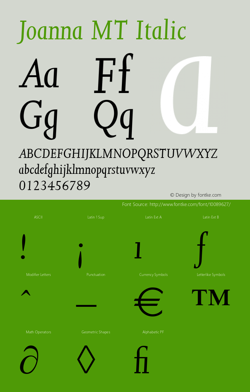 Joanna MT Italic Version 1.00 Font Sample