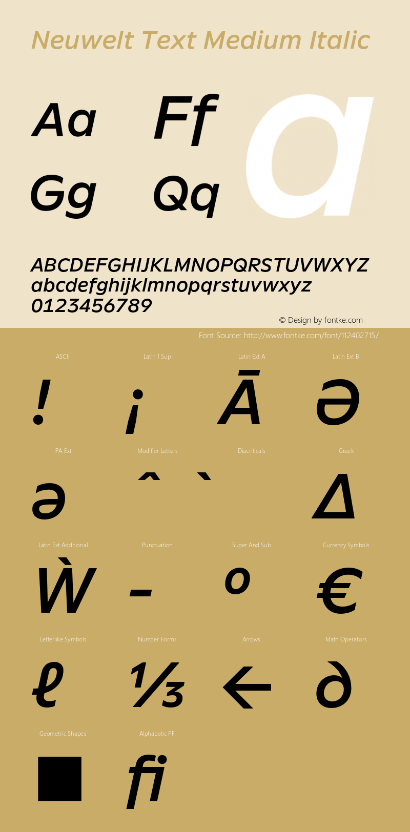 Neuwelt Text Medium Italic Version 1.00, build 19, g2.6.2 b1235, s3 Font Sample