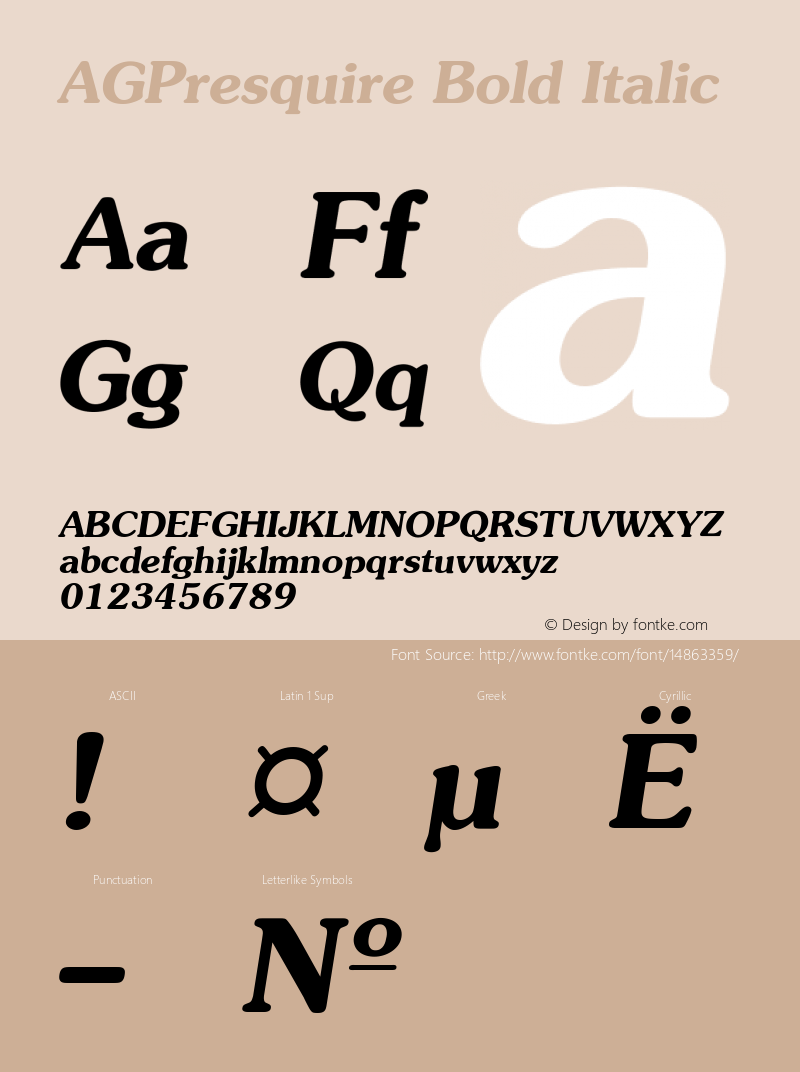 AGPresquire Bold Italic Version 1.000 Font Sample