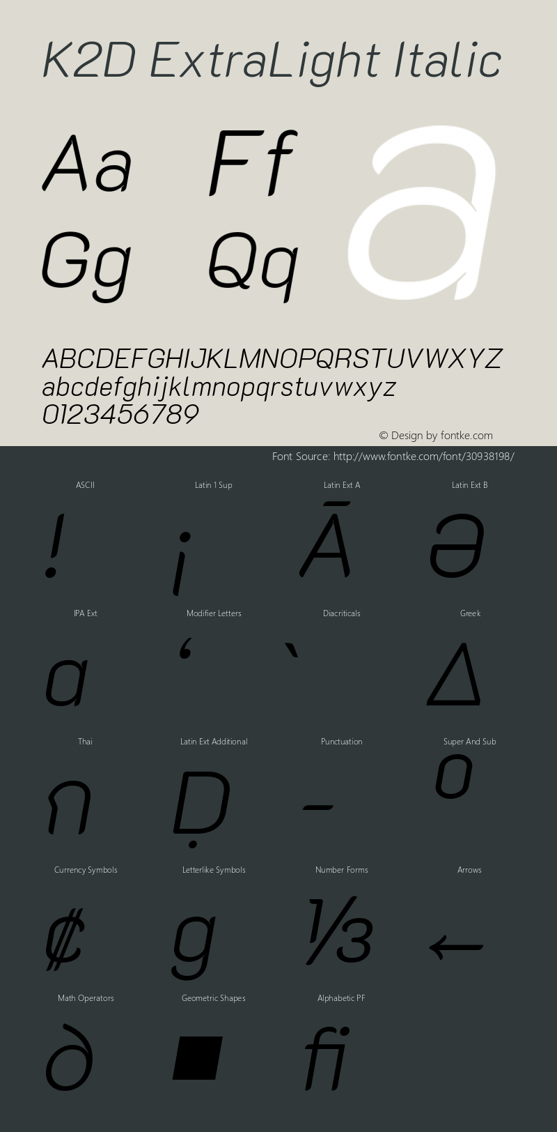 K2D ExtraLight Italic Version 1.000; ttfautohint (v1.6) Font Sample