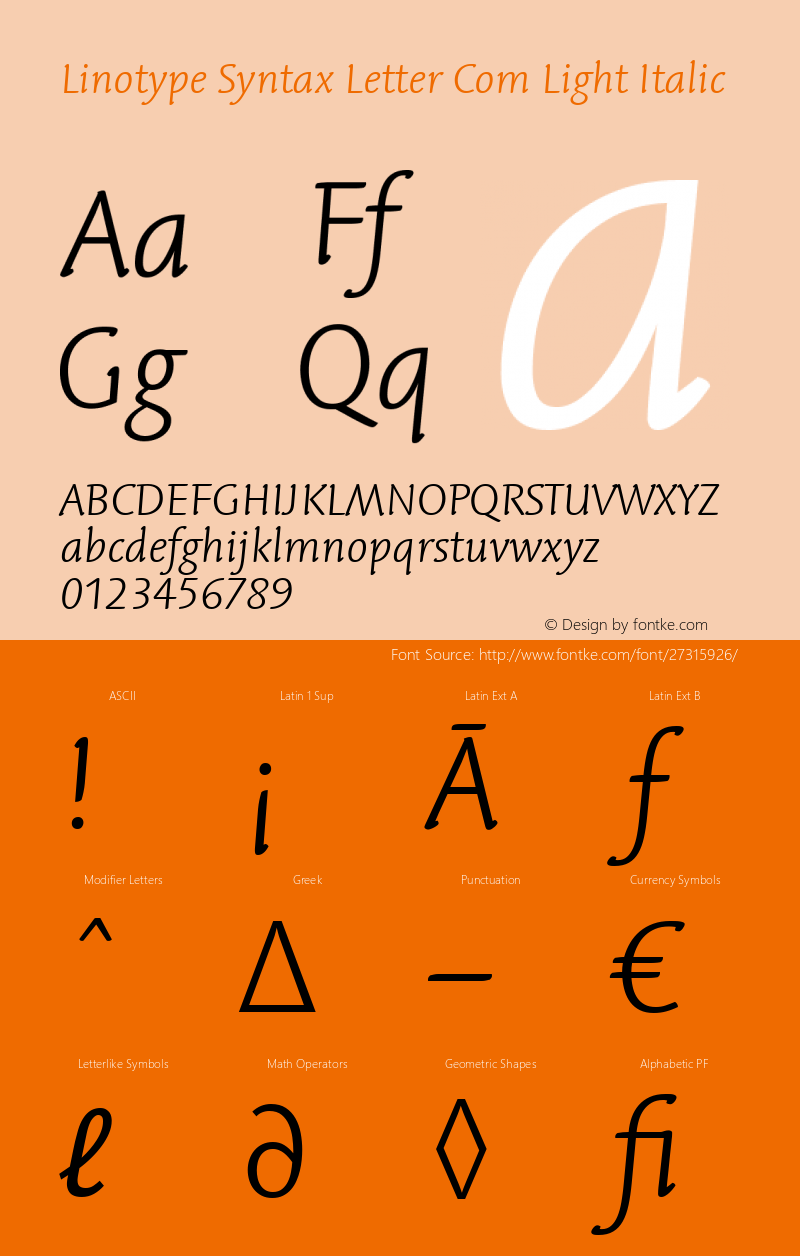 Linotype Syntax Letter Com Light Italic Version 1.01 Font Sample
