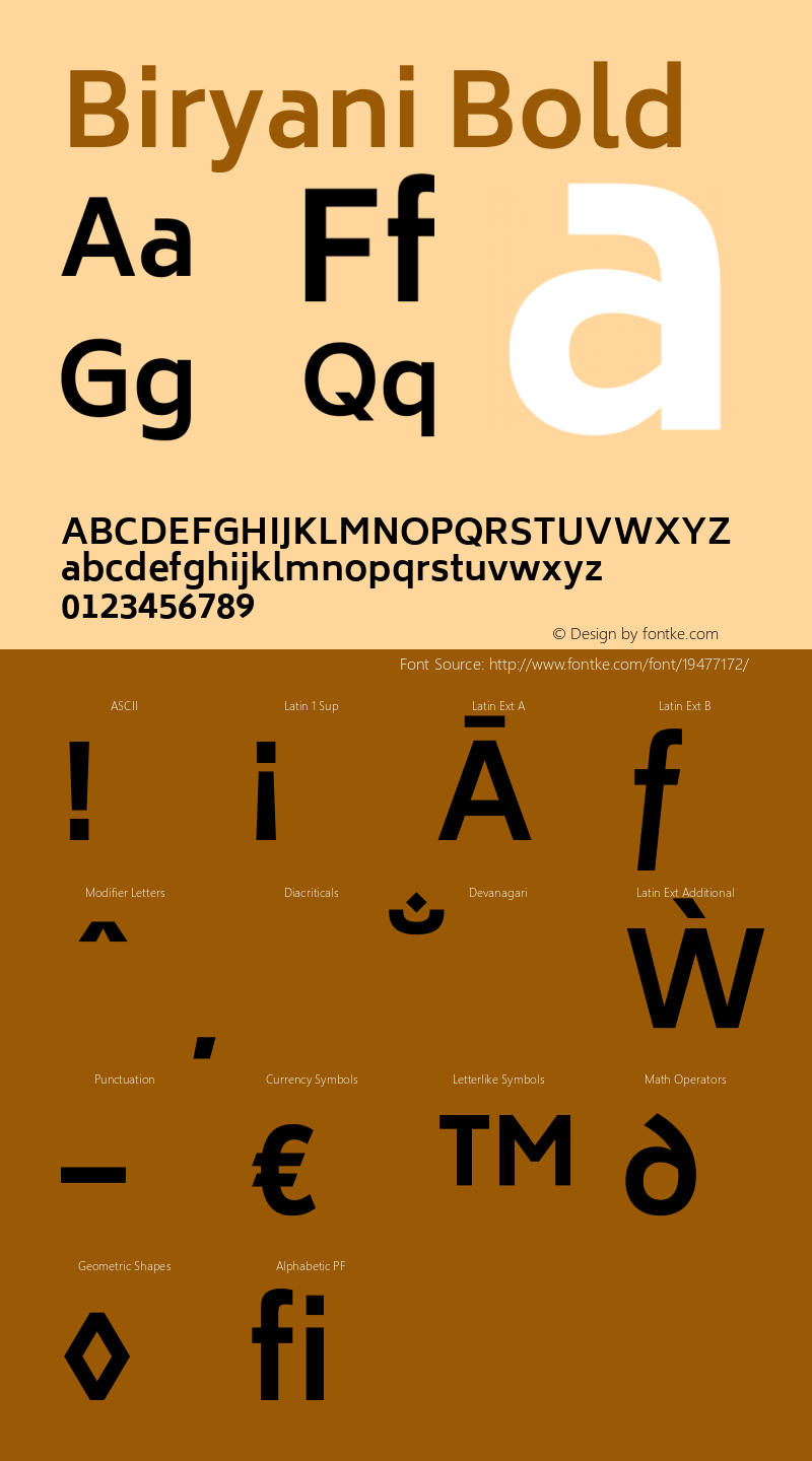 Biryani Bold Version 1.004; ttfautohint (v1.1) -l 5 -r 5 -G 72 -x 0 -D latn -f none -w gGD -W -c Font Sample