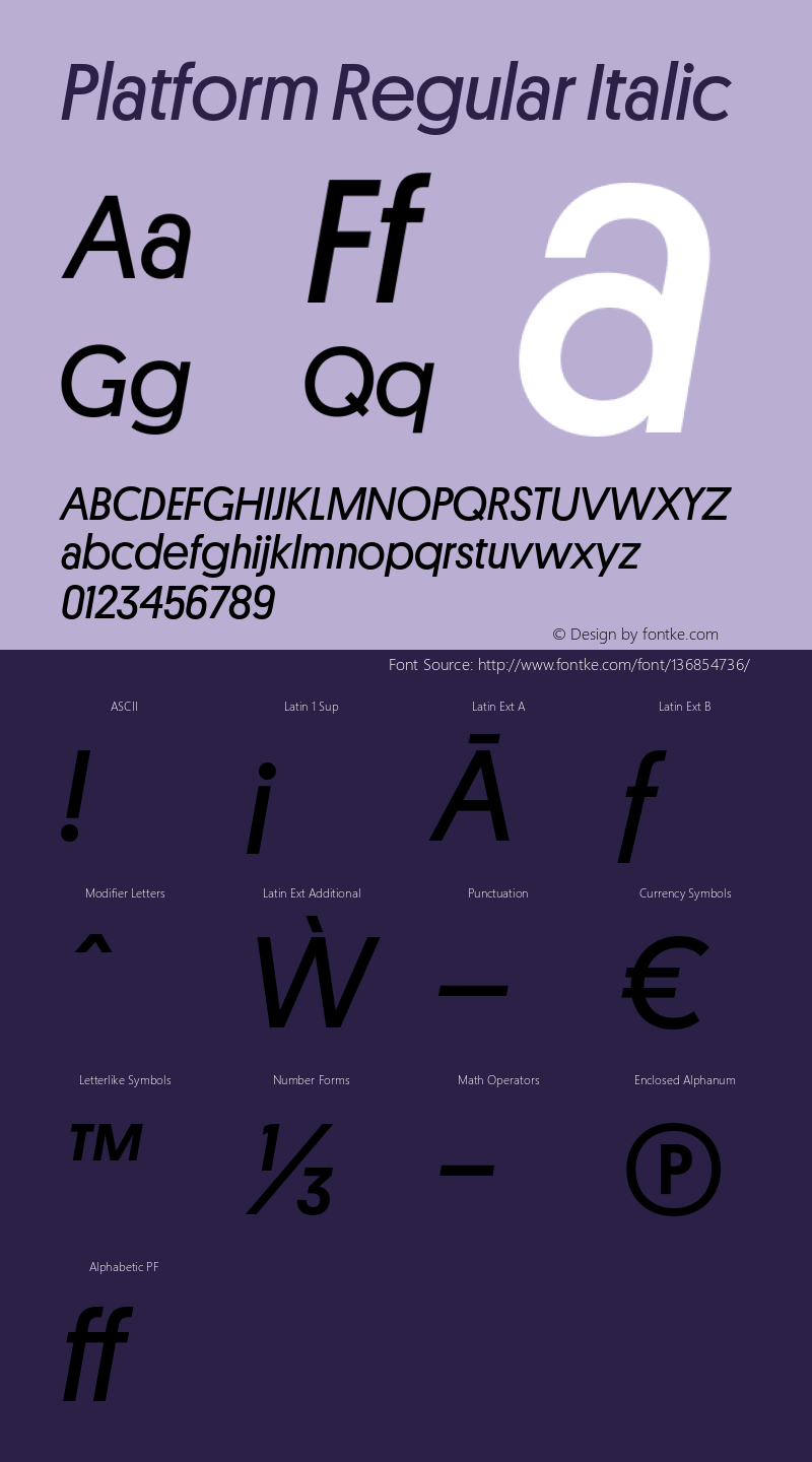 Platform-RegularItalic Version 001.001 2010 Font Sample