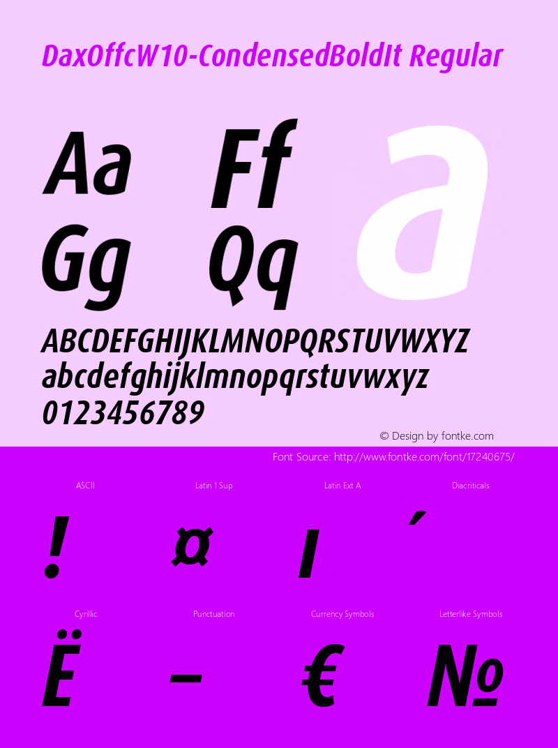 DaxOffcW10-CondensedBoldIt Regular Version 7.504 Font Sample