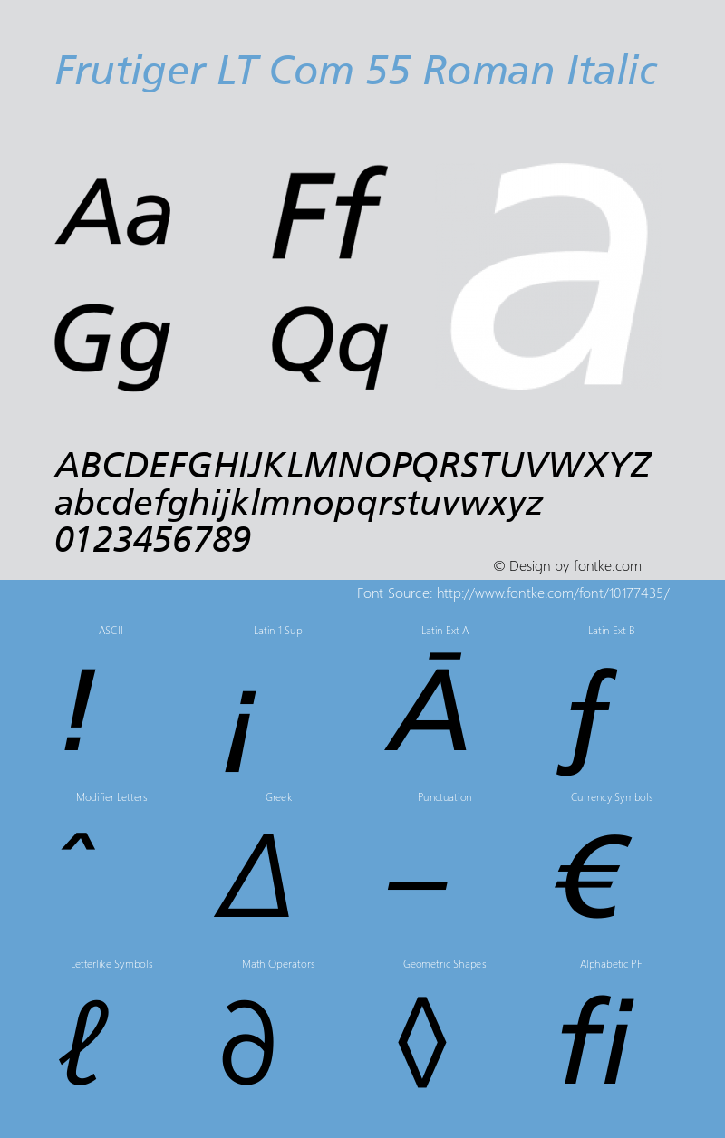 Frutiger LT Com 55 Roman Italic Version 1.30; 2006 Font Sample