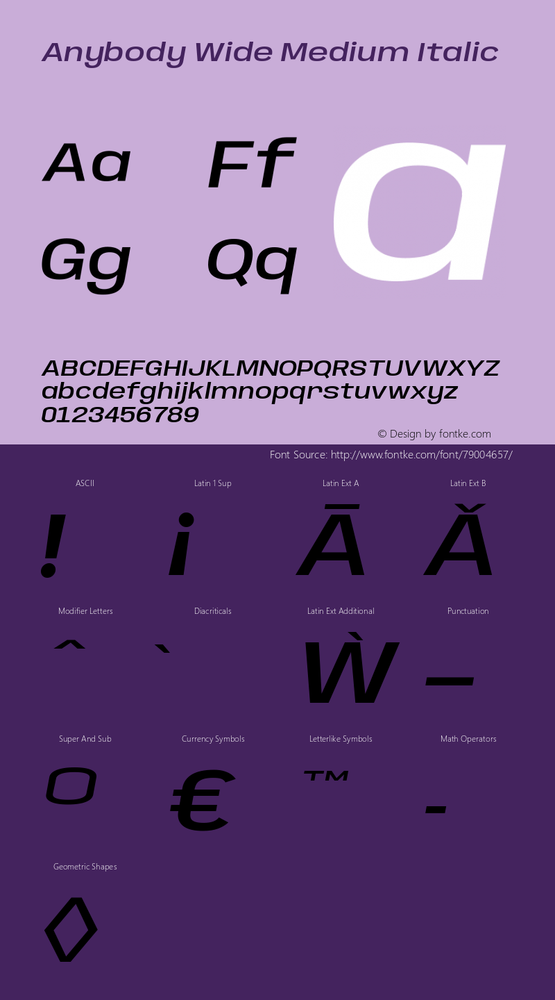 Anybody Wide Medium Italic Version 1.000; ttfautohint (v1.8) Font Sample