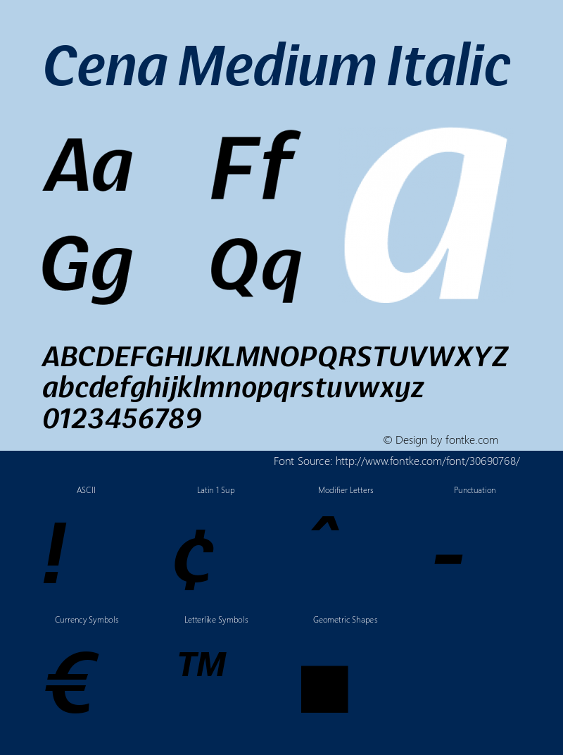 Cena Medium Italic Version 1.000;hotconv 1.0.109;makeotfexe 2.5.65596 Font Sample