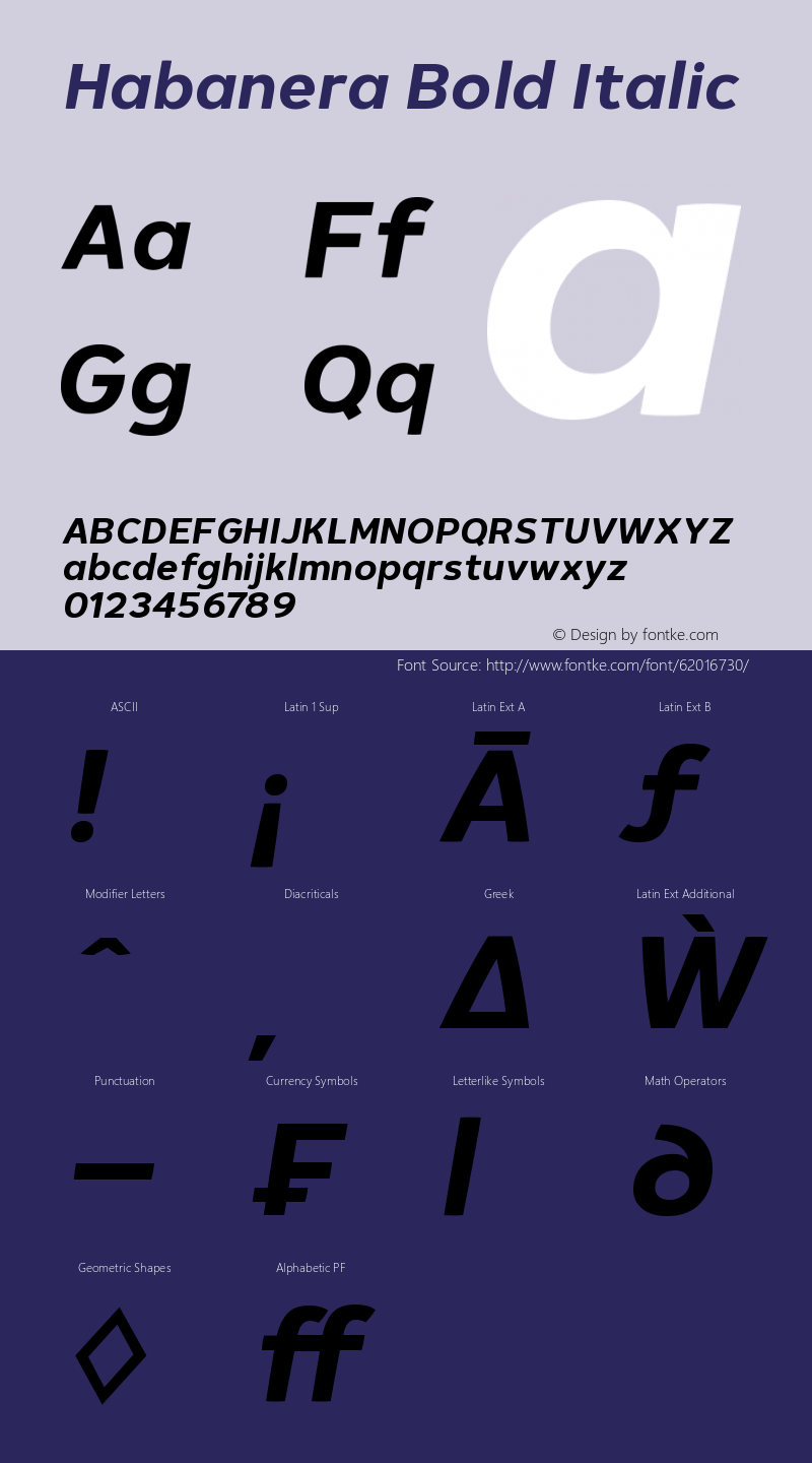 Habanera Bold Italic Version 1.001 Font Sample