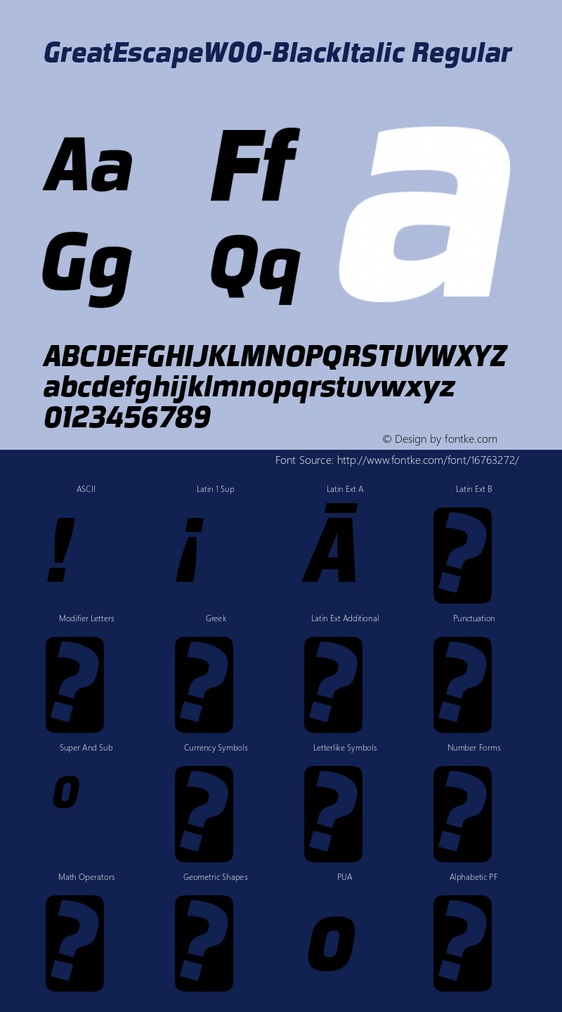 GreatEscapeW00-BlackItalic Regular Version 1.00 Font Sample