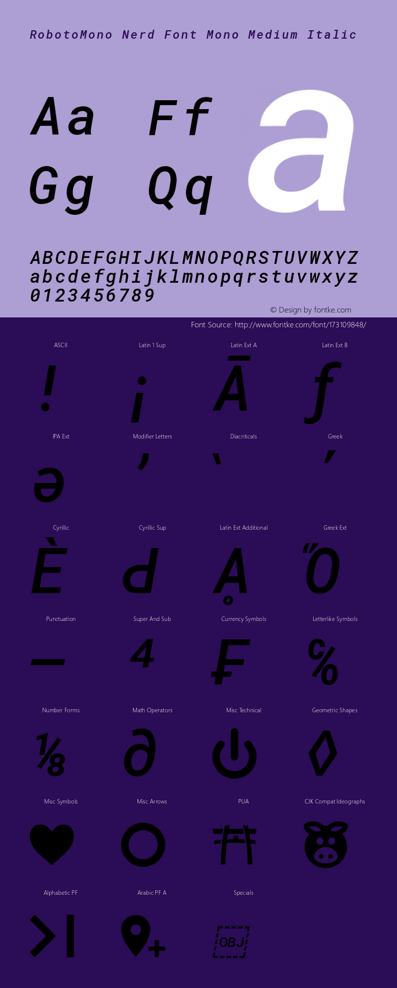 Roboto Mono Medium Italic Nerd Font Complete Mono Version 2.000986; 2015; ttfautohint (v1.3)图片样张