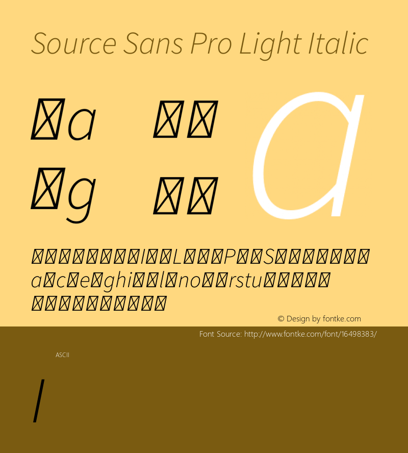 Source Sans Pro Light Italic Version 1.050;PS Version 1.000;hotconv 1.0.70;makeotf.lib2.5.5900 Font Sample