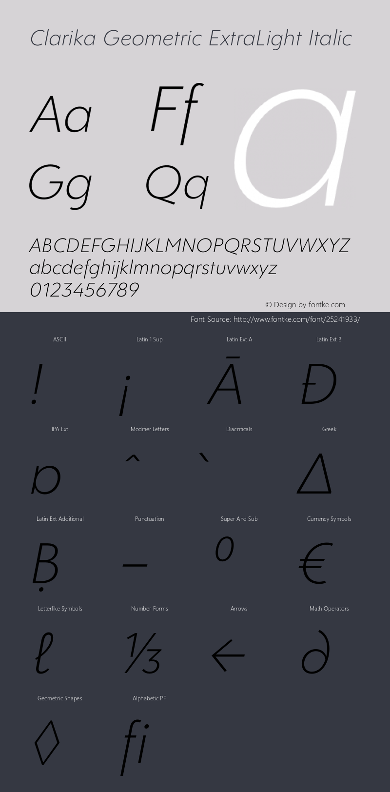 Clarika Geometric ExtraLight Italic Version 1.000;PS 001.000;hotconv 1.0.88;makeotf.lib2.5.64775 Font Sample