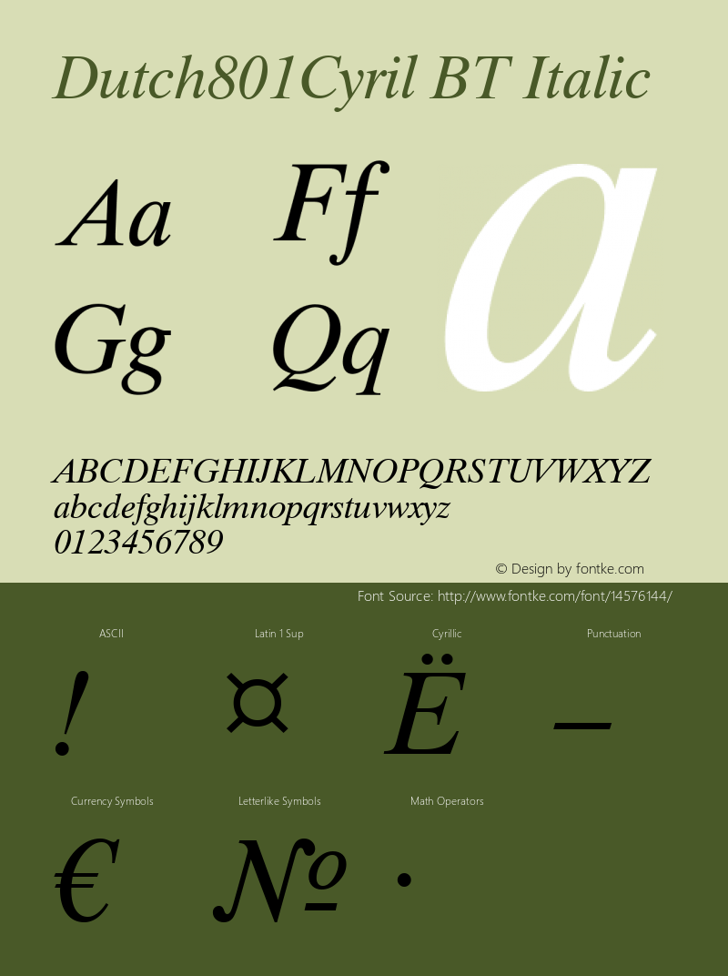 Dutch801Cyril BT Italic Version 2.00 Bitstream Cyrillic Set Font Sample