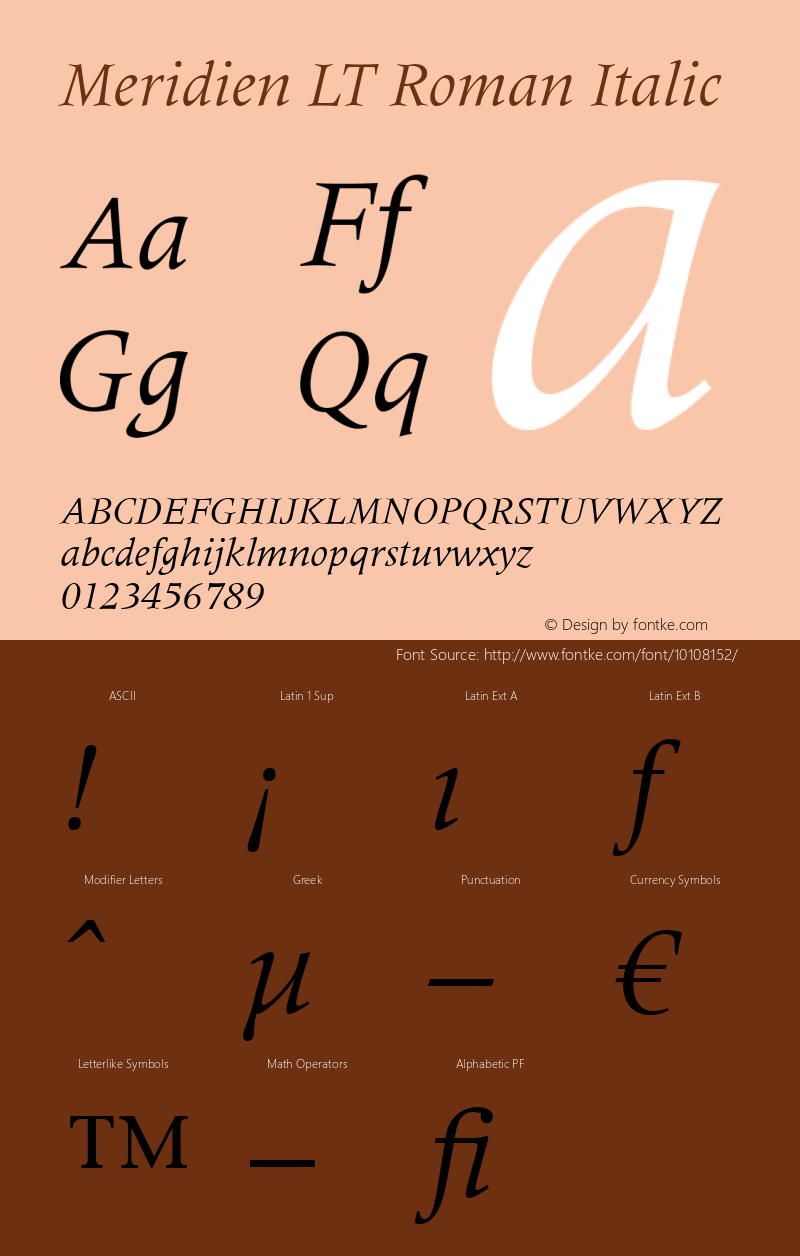 Meridien LT Roman Italic Version 6.1; 2002 Font Sample