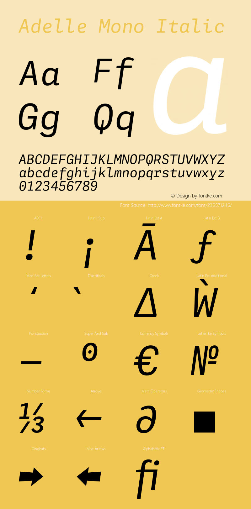 Adelle Mono Italic Version 1.001;hotconv 1.0.114;makeotfexe 2.5.65599图片样张