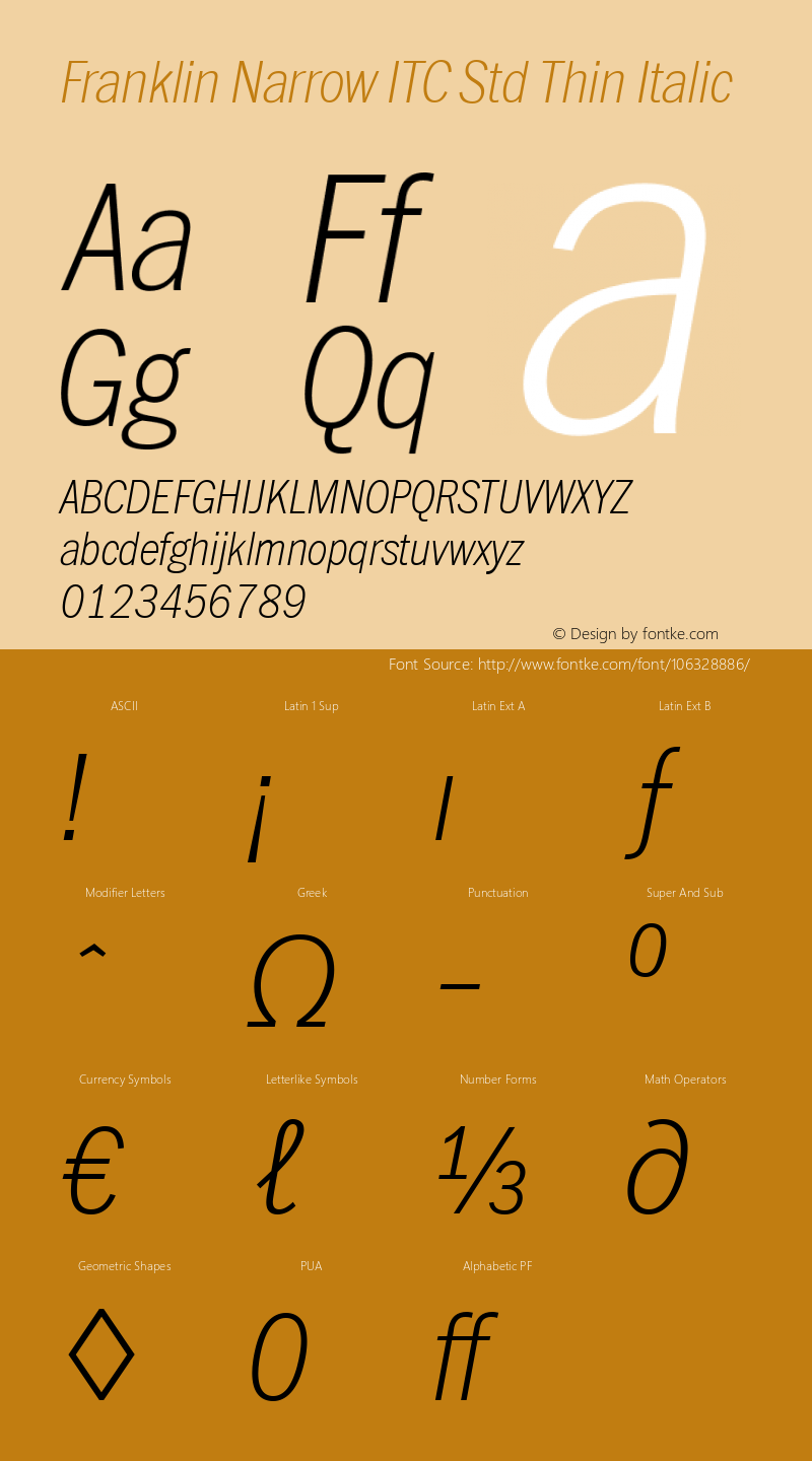 Franklin Narrow ITC Std Thin Italic Version 1.00 Font Sample