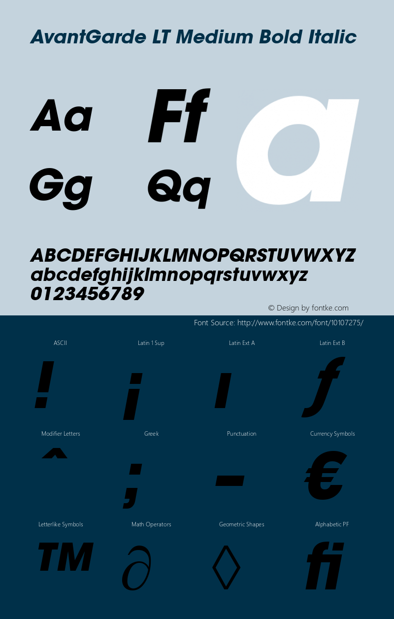 AvantGarde LT Medium Bold Italic Version 6.1; 2002 Font Sample