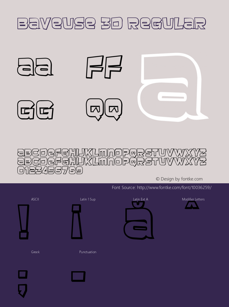 Baveuse 3D Regular Version 1.0; 2000; initial release Font Sample