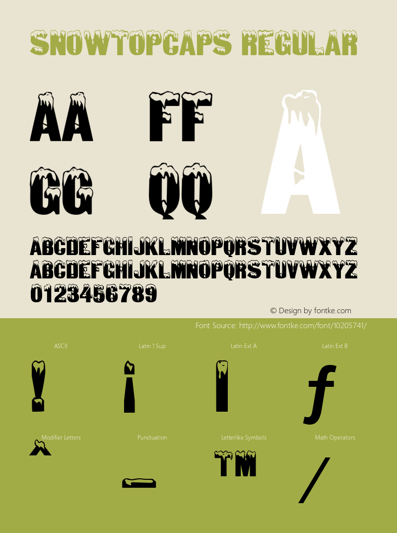 SnowtopCaps Regular The IMSI MasterFonts Collection, tm 1995, 1996 IMSI (International Microcomputer Software Inc.) Font Sample