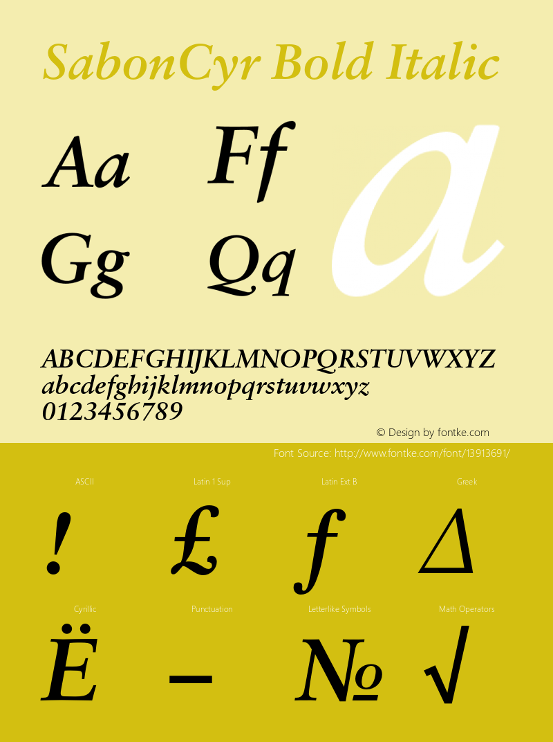 SabonCyr Bold Italic Version 001.000 Font Sample