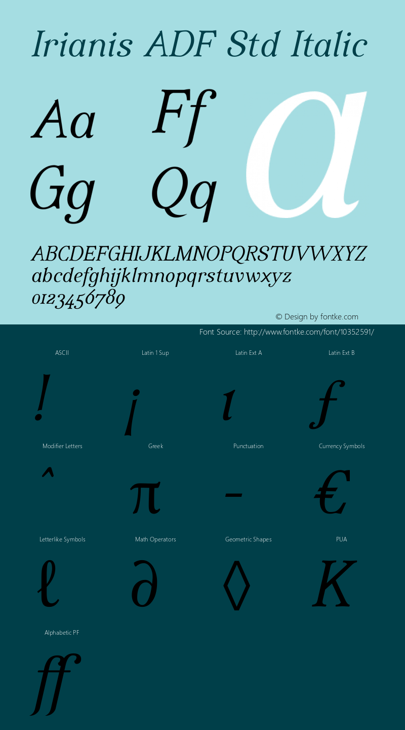 Irianis ADF Std Italic Version 2.001; Font Sample