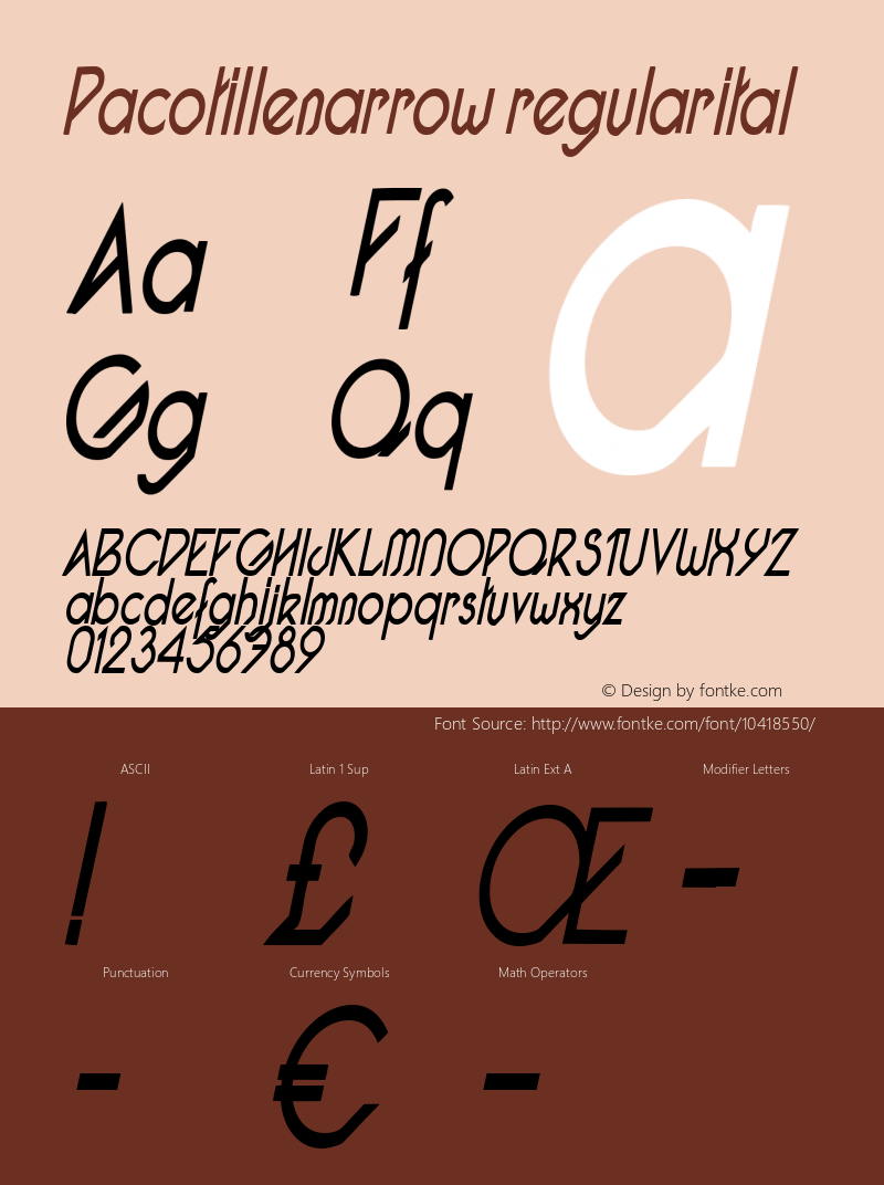 Pacotillenarrow regularital Fontographer 4.7 17/11/11 FG4M­0000002045 Font Sample