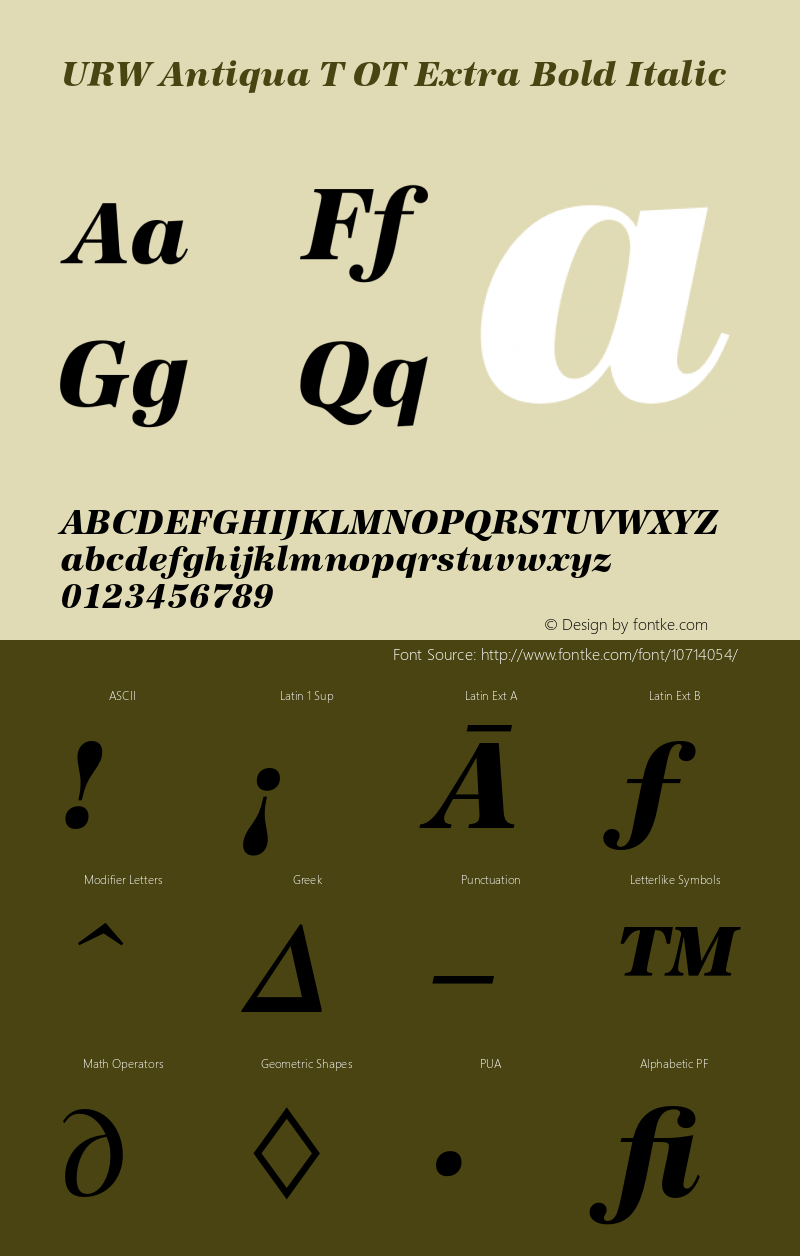 URW Antiqua T OT Extra Bold Italic OTF 1.001;PS 1.05;Core 1.0.27;makeotf.lib(1.11) Font Sample