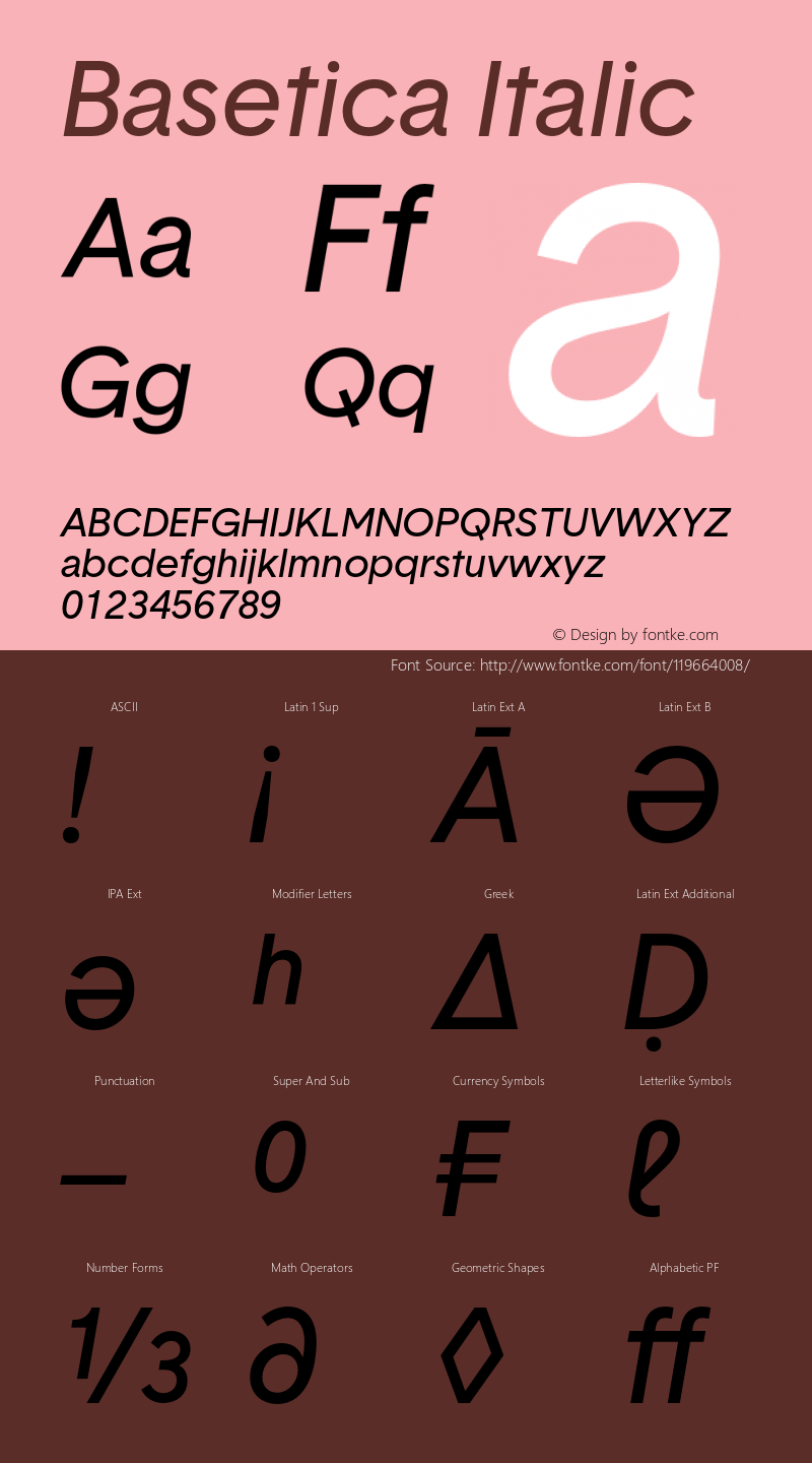 Basetica-RegularItalic Version 1.001 Font Sample