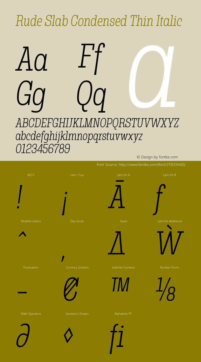 Rude Slab Condensed Thin Italic Version 1.001;PS 001.001;hotconv 1.0.70;makeotf.lib2.5.58329图片样张