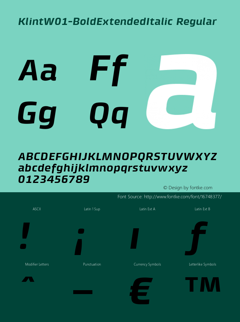 KlintW01-BoldExtendedItalic Regular Version 1.00 Font Sample