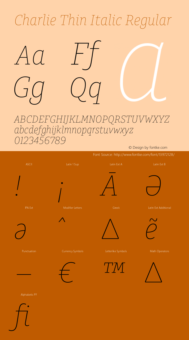 Charlie Thin Italic Regular Version 1.001;PS 001.001;hotconv 1.0.56 Font Sample