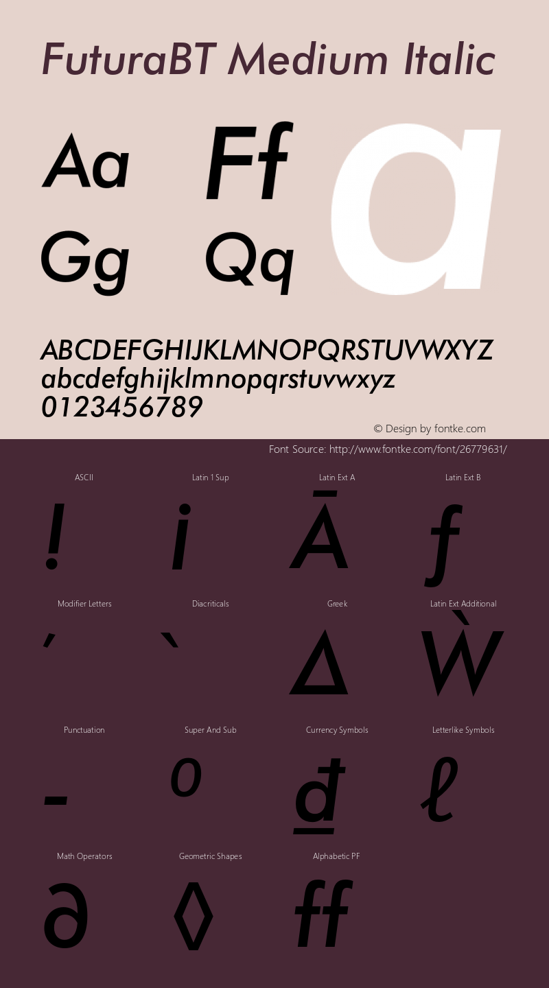 FuturaBT Medium Italic Version 3.10, build 19, s3 Font Sample