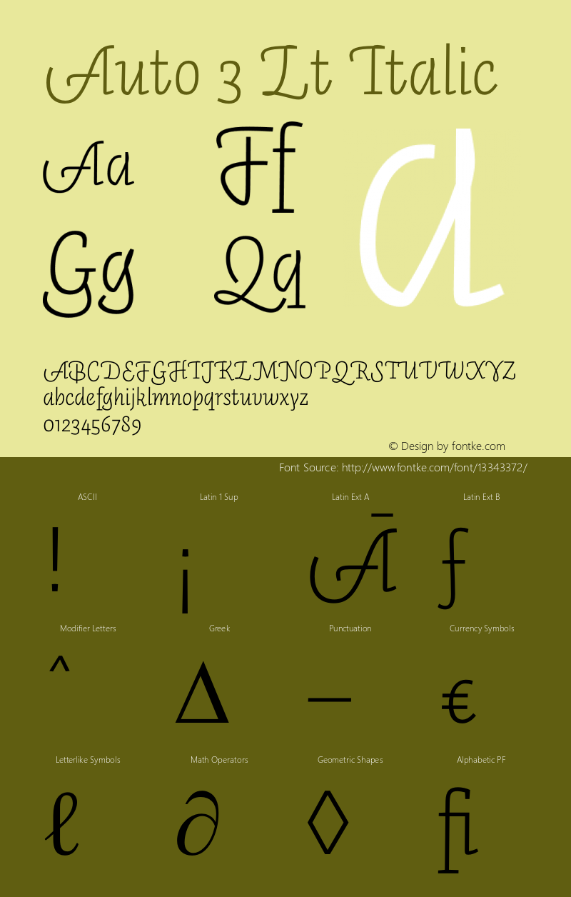 Auto 3 Lt Italic Version 1.111;PS 001.001;hotconv 1.0.38 Font Sample