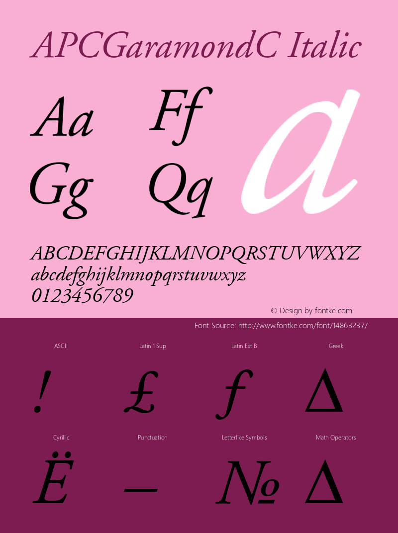 APCGaramondC Italic Version 001.000 Font Sample