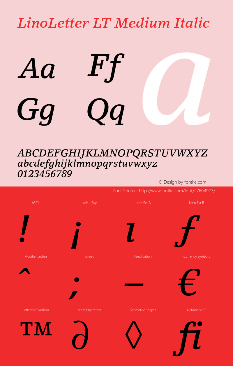 LinoLetter LT Medium Italic Version 6.50 Font Sample