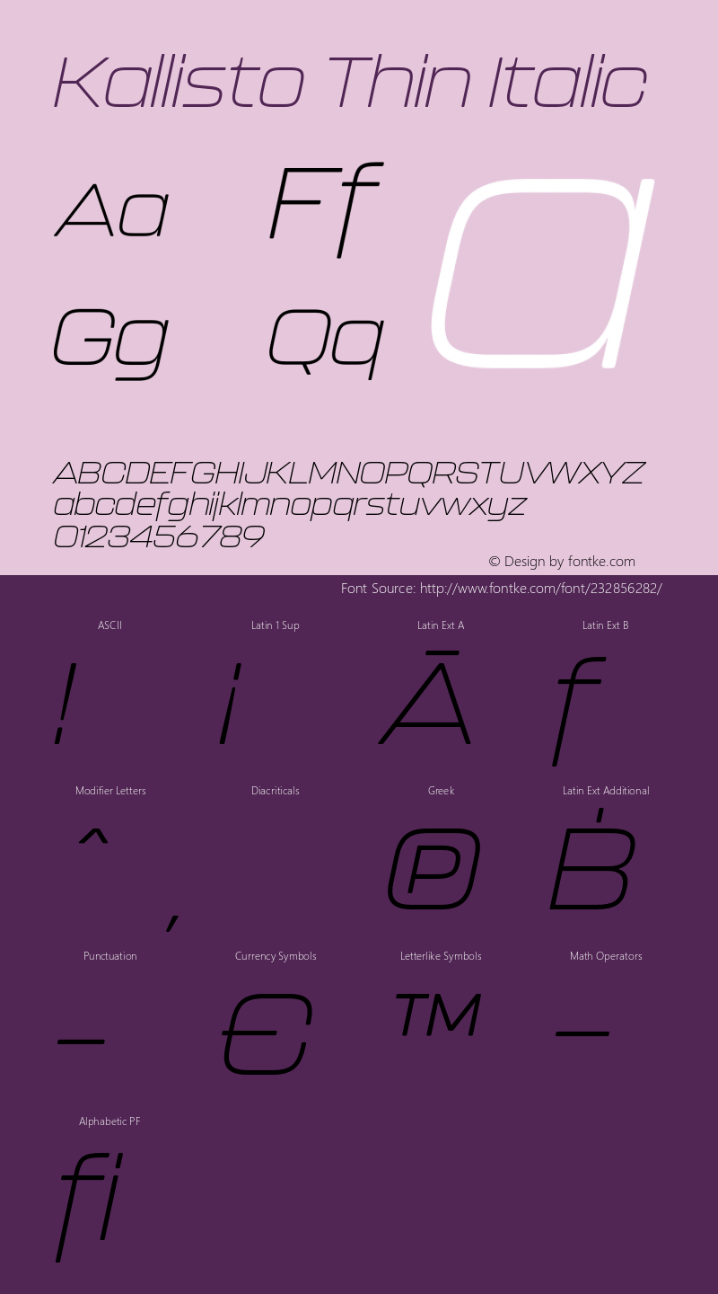 Kallisto Thin Italic Version 1.000;PS 001.000;hotconv 1.0.88;makeotf.lib2.5.64775图片样张