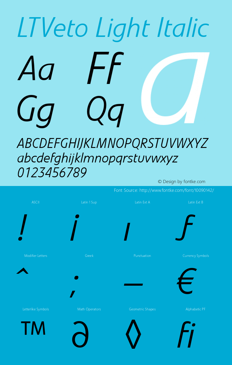 LTVeto Light Italic Version 1.0; 2000; initial release Font Sample