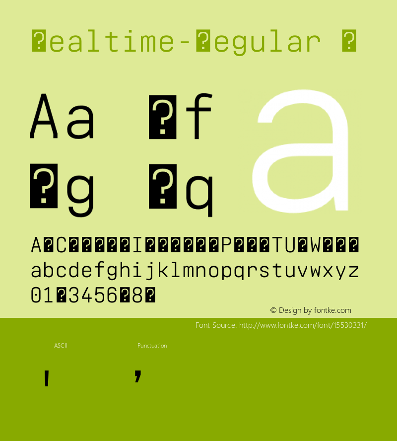 Realtime-Regular ☞ Version 1.000;PS 001.000;hotconv 1.0.70;makeotf.lib2.5.58329;com.myfonts.easy.jurizaech.realtime.regular.wfkit2.version.4oCa Font Sample