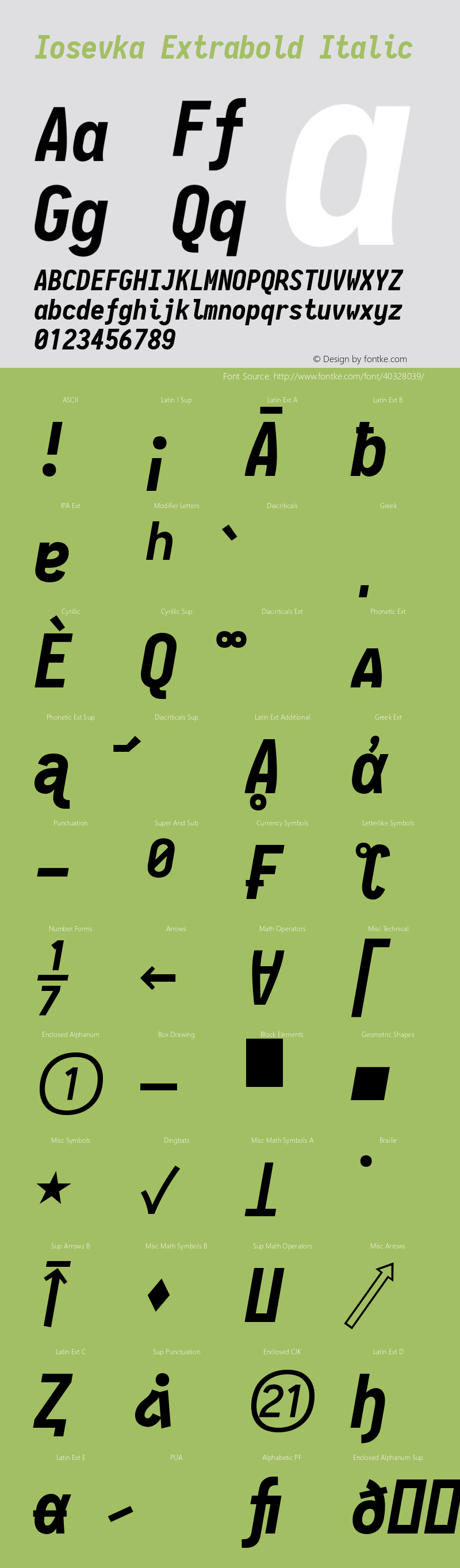 Iosevka Extrabold Italic 2.3.0; ttfautohint (v1.8.3) Font Sample