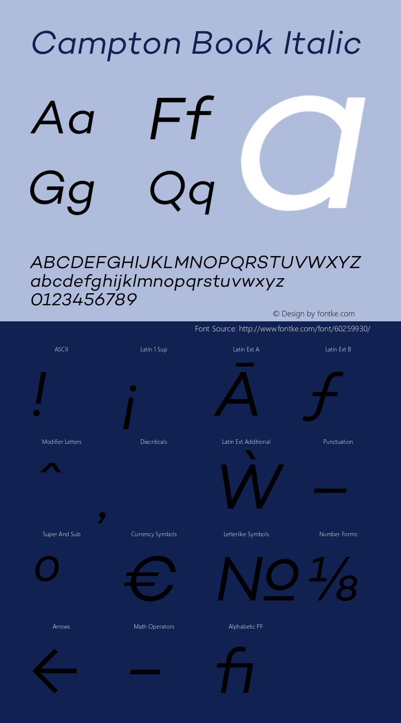 Campton Book Italic Version 1.002;PS 001.002;hotconv 1.0.88;makeotf.lib2.5.64775 Font Sample