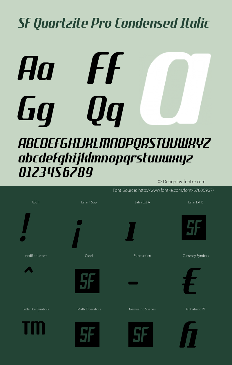 SFQuartzitePro-CondensedItalic Version 1.001 Font Sample