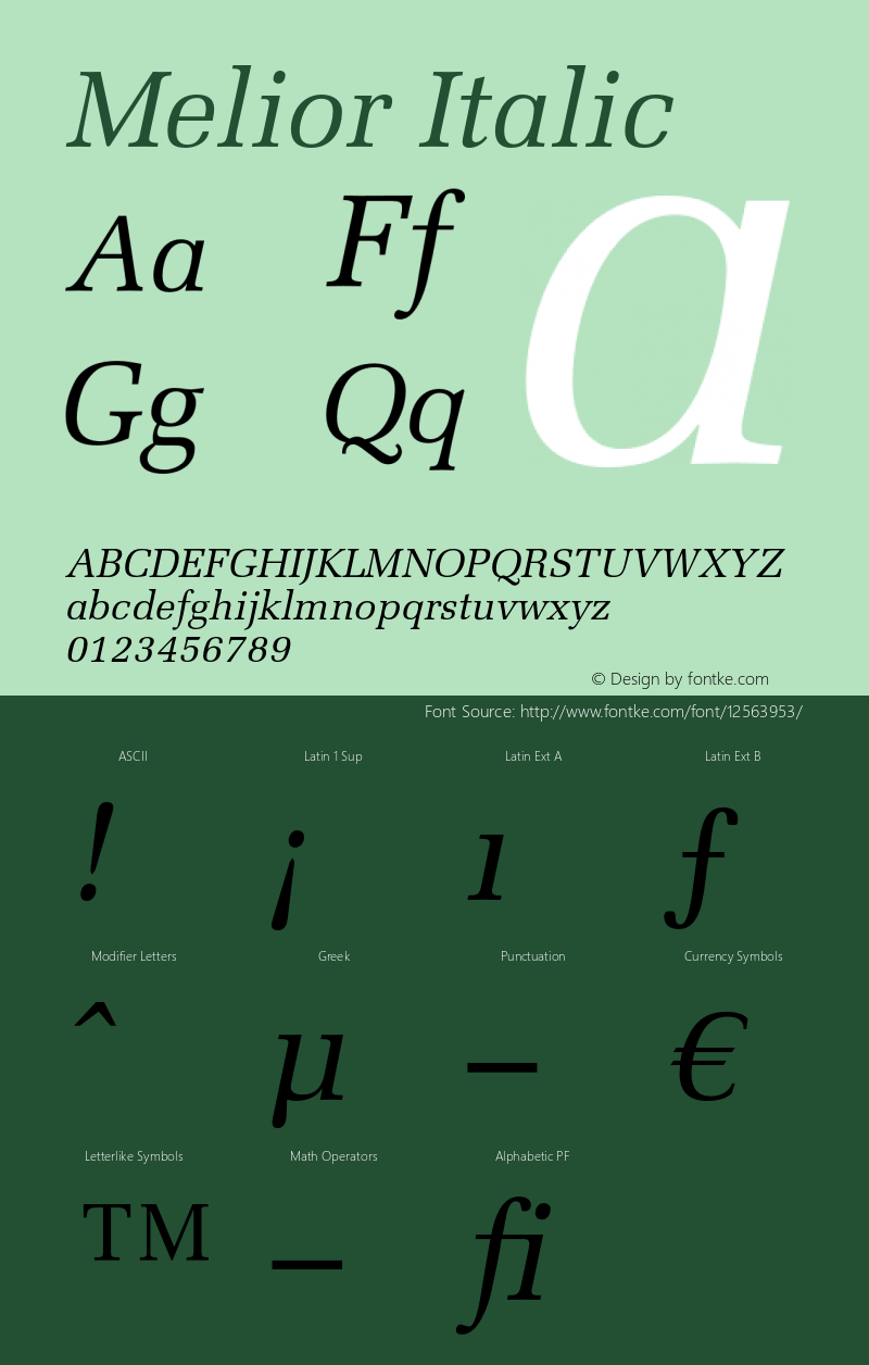 Melior Italic OTF 1.0;PS 001.002;Core 1.0.22 Font Sample