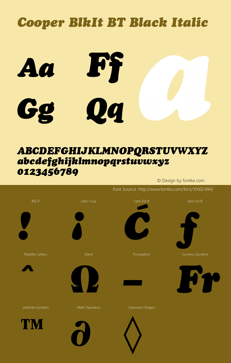 Cooper BlkIt BT Black Italic mfgpctt-v4.4 Jan 4 1999 Font Sample