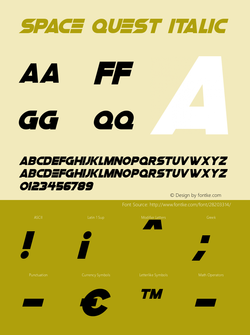 Space Quest Italic Version 1.00 December 30, 2018, initial release Font Sample