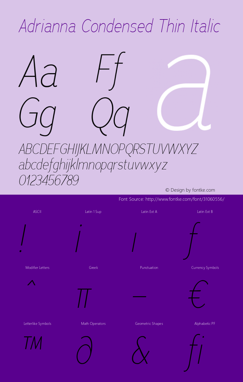 Adrianna Condensed Thin Italic Version 1.000 Font Sample