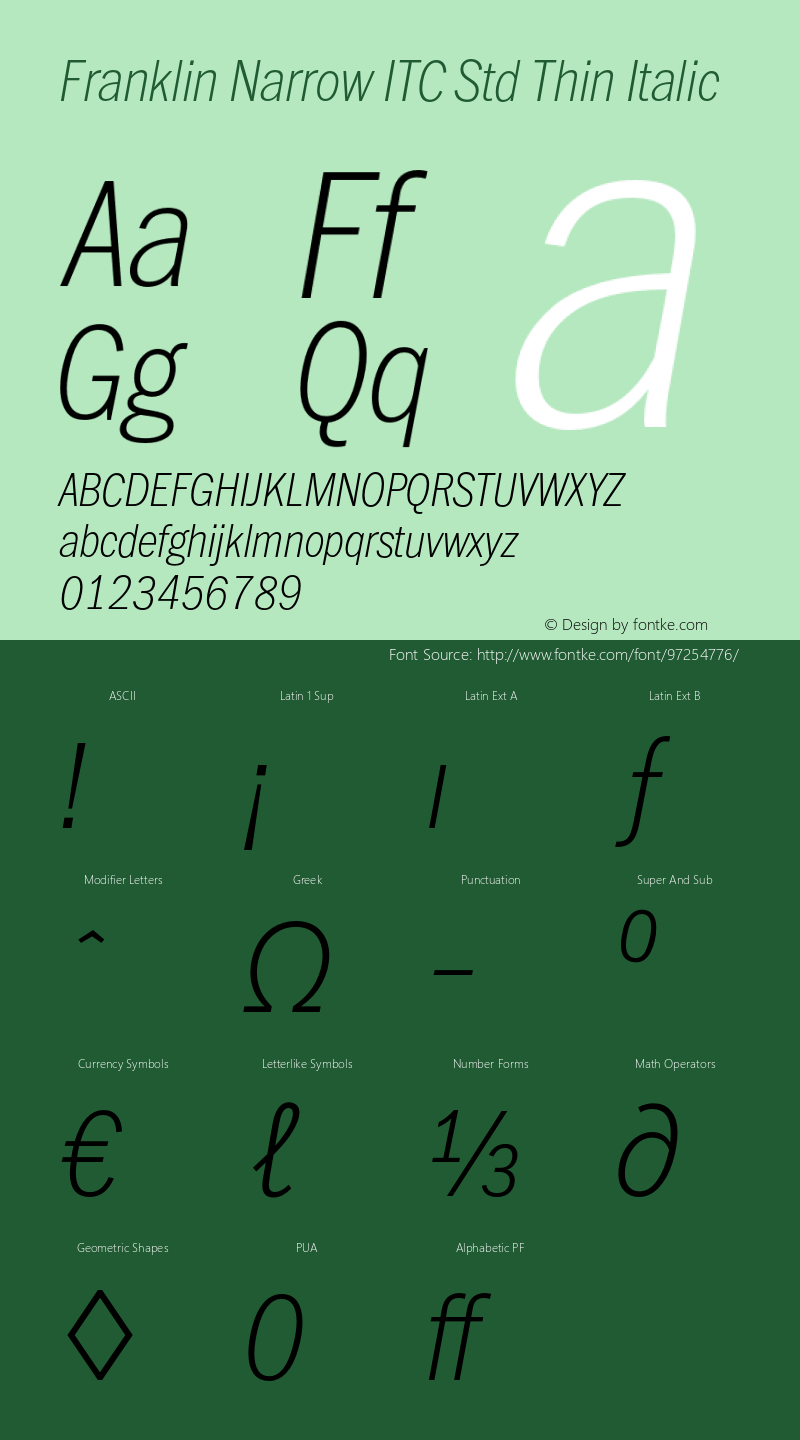 FranklinNarrowITCStd-ThinIta Version 1.00 Font Sample