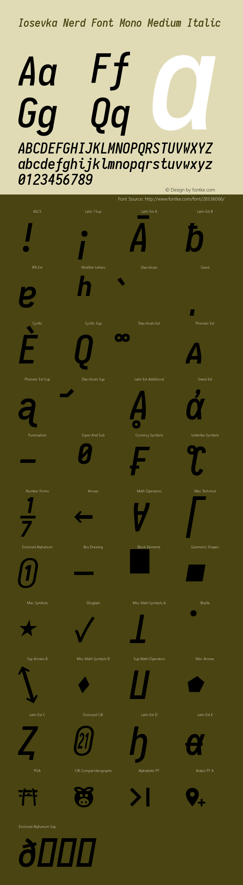 Iosevka Term Medium Italic Nerd Font Complete Mono 1.14.0; ttfautohint (v1.7.9-c794) Font Sample