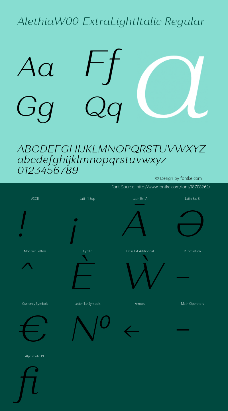 AlethiaW00-ExtraLightItalic Regular Version 1.00 Font Sample