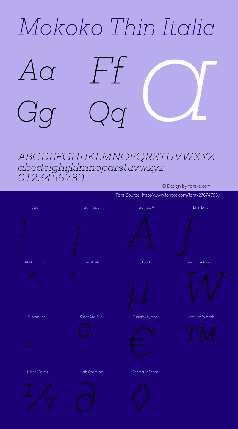 MokokoThinItalic Version 1.000 Font Sample