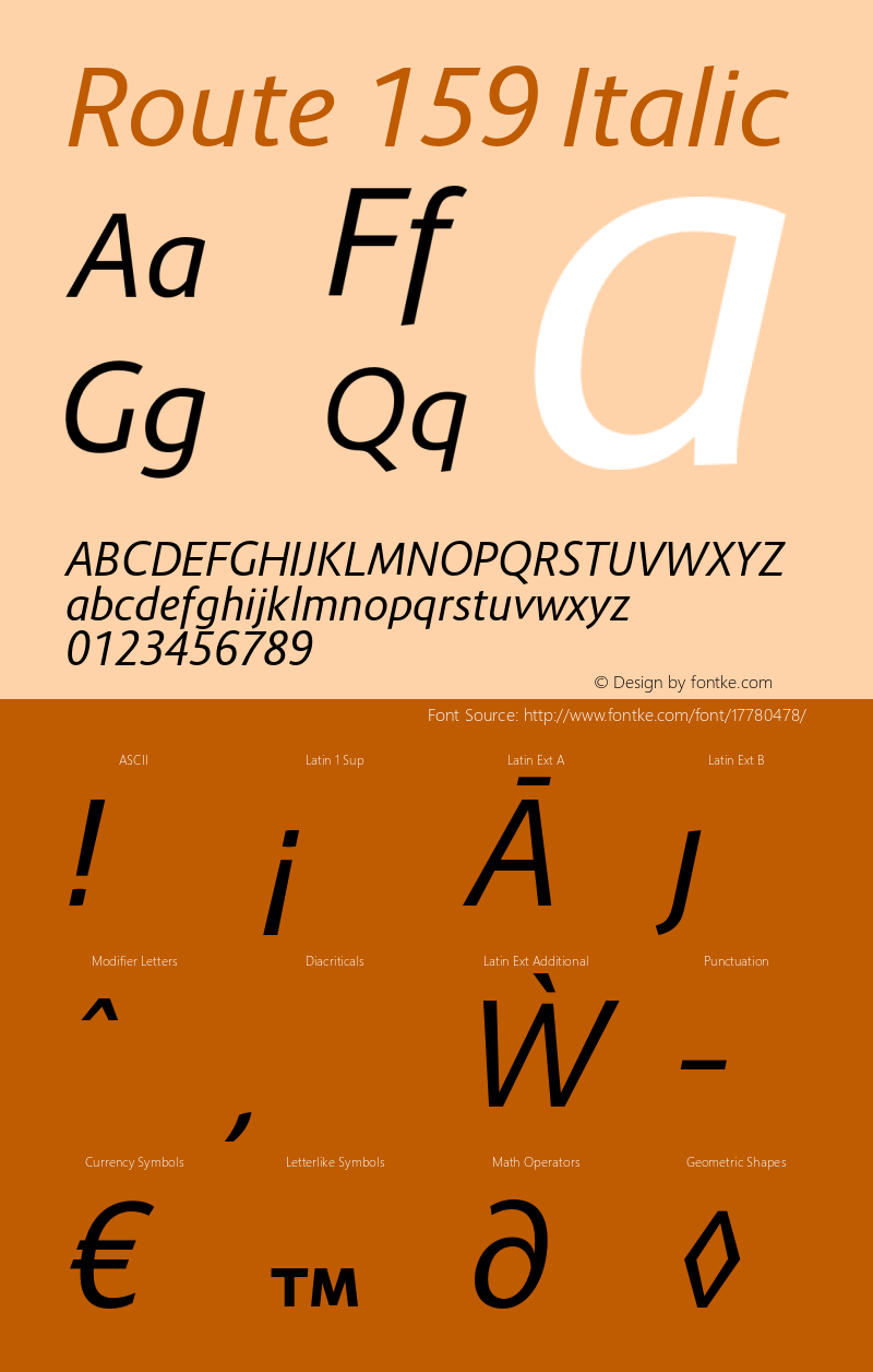 Route 159 Italic Version 1.100;PS 001.100;hotconv 1.0.88;makeotf.lib2.5.64775 Font Sample